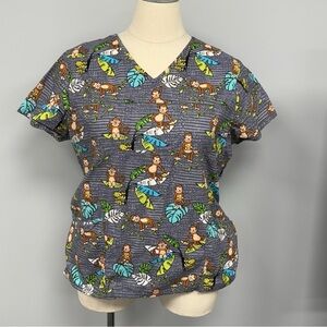 Scrubstar Scrub Top XL Grey Cartoon Monkey Jungle Scrubs Uniform Nurse Cotton